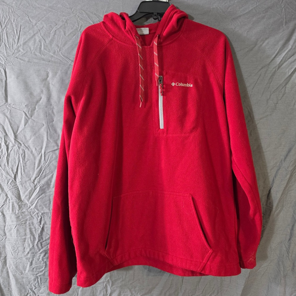 Columbia Mens Red Fleece Hoodie Pullover L Zippered Chest Pocket RN 80724